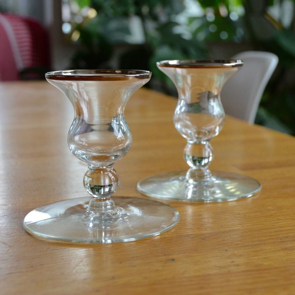 Set of 2 Vintage Retro Glass Candlestick Holders with Silver Rim Embellishment - Picture 1 of 4